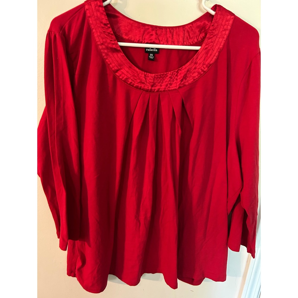 Rafaella Womens‎ Red Pleated Satin Trim Scoop Neck Top 3X Plus Size Cotton Blend